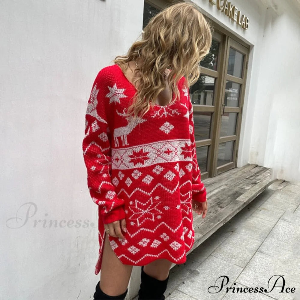 Casual O-Neck Long Sleeve Christmas Sweater Dress 03 Red / S
