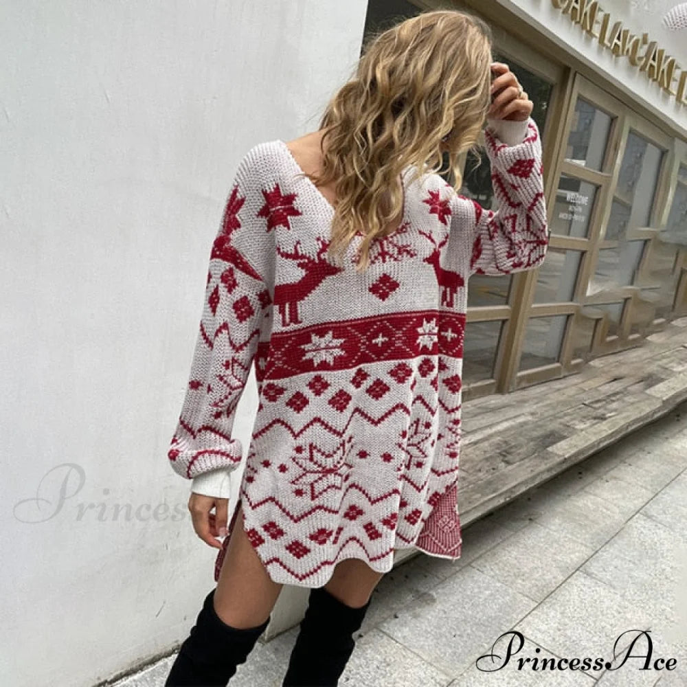 Casual O-Neck Long Sleeve Christmas Sweater Dress 04 White / S
