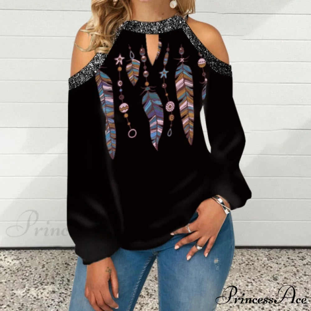 Casual Off Shoulder Loose Pullover Top Black 1 / S