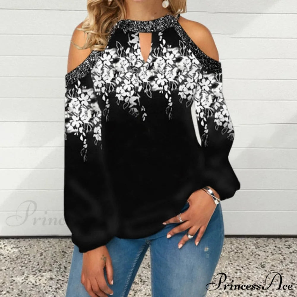Casual Off Shoulder Loose Pullover Top Black Floral / S