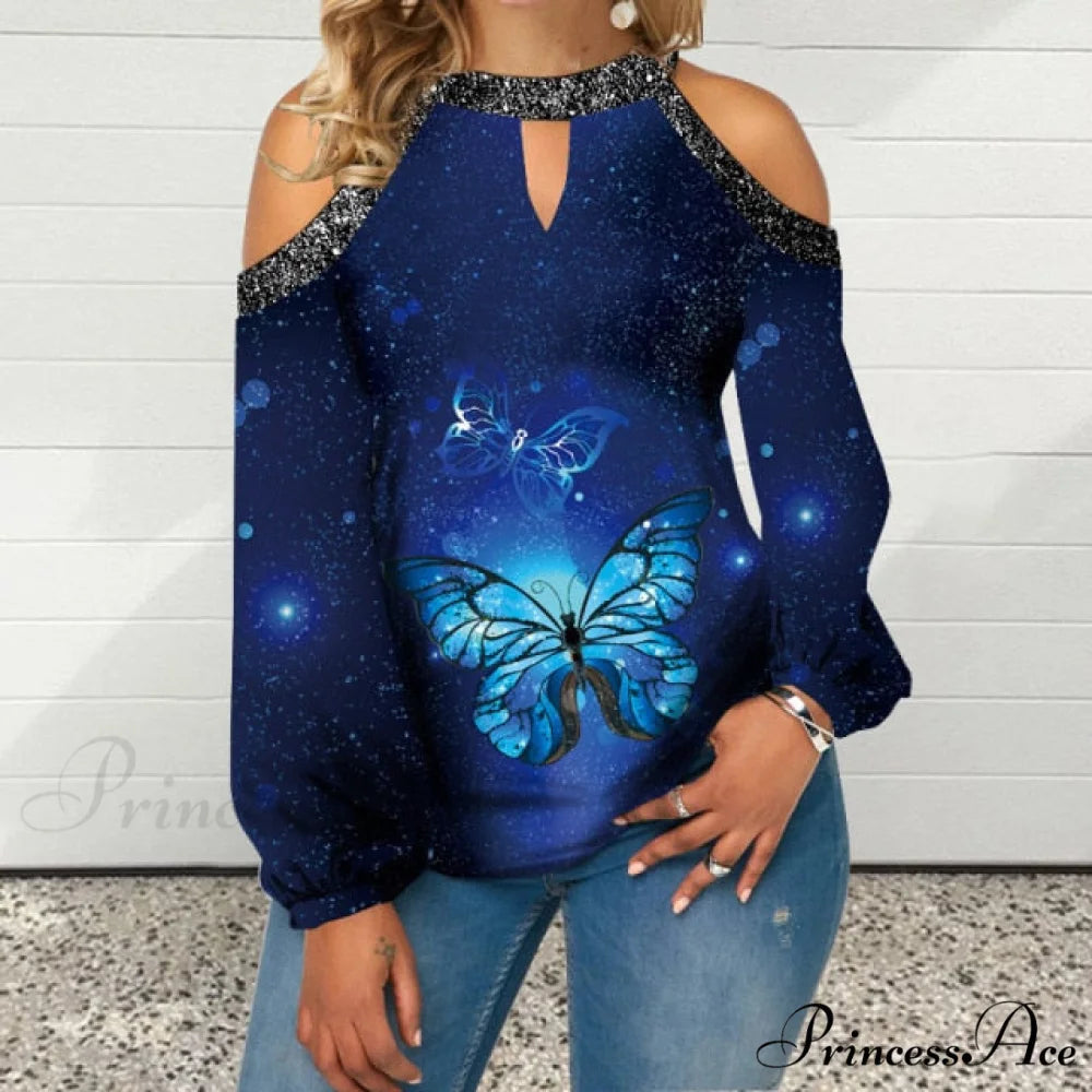 Casual Off Shoulder Loose Pullover Top Blue Butterfly / S