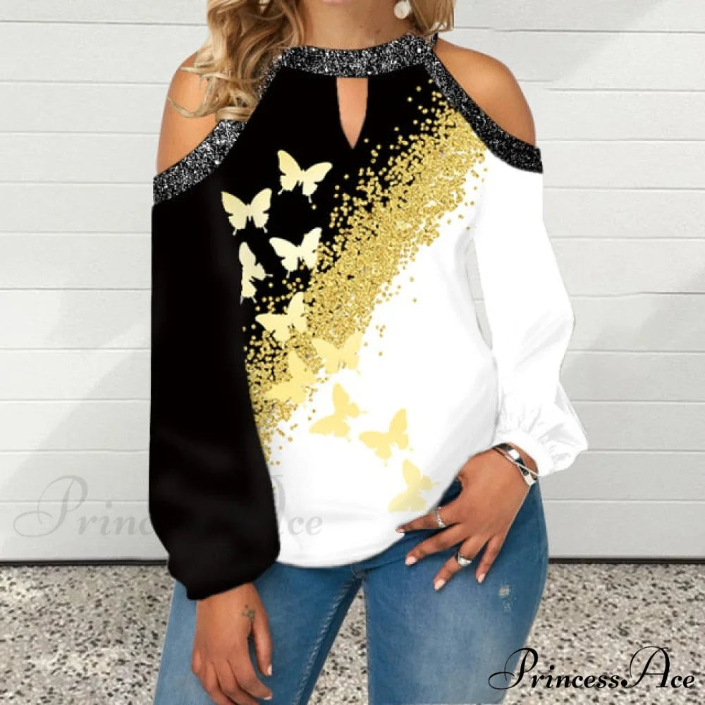 Casual Off Shoulder Loose Pullover Top Bronzing Butterfly / S