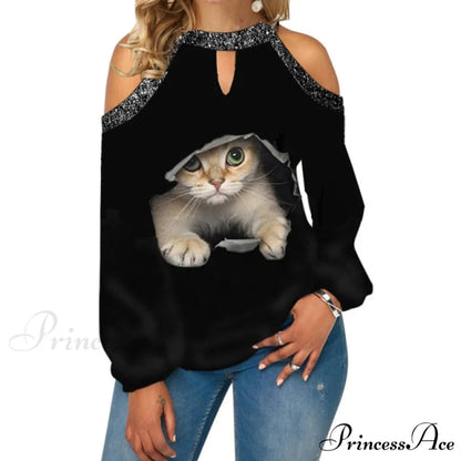 Casual Off Shoulder Loose Pullover Top Cat / S