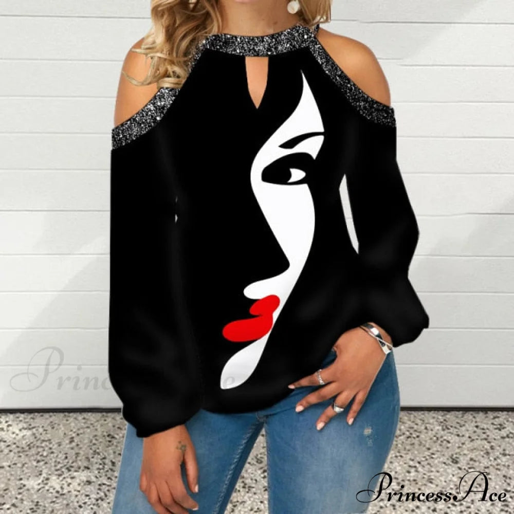 Casual Off Shoulder Loose Pullover Top Face / S