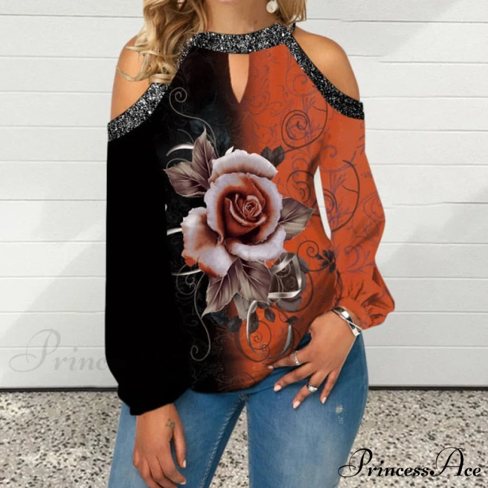 Casual Off Shoulder Loose Pullover Top Orange Floral / S