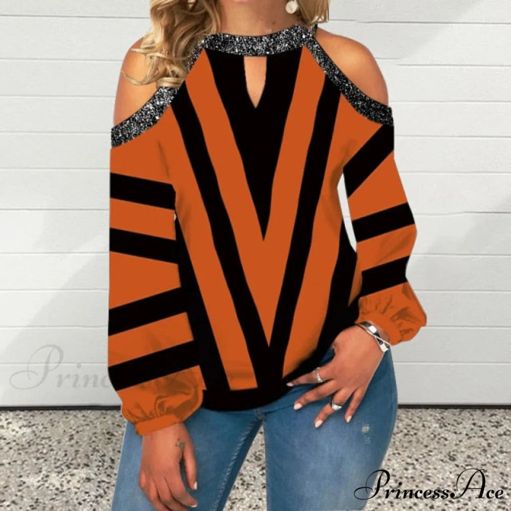 Casual Off Shoulder Loose Pullover Top Orange Striped / S