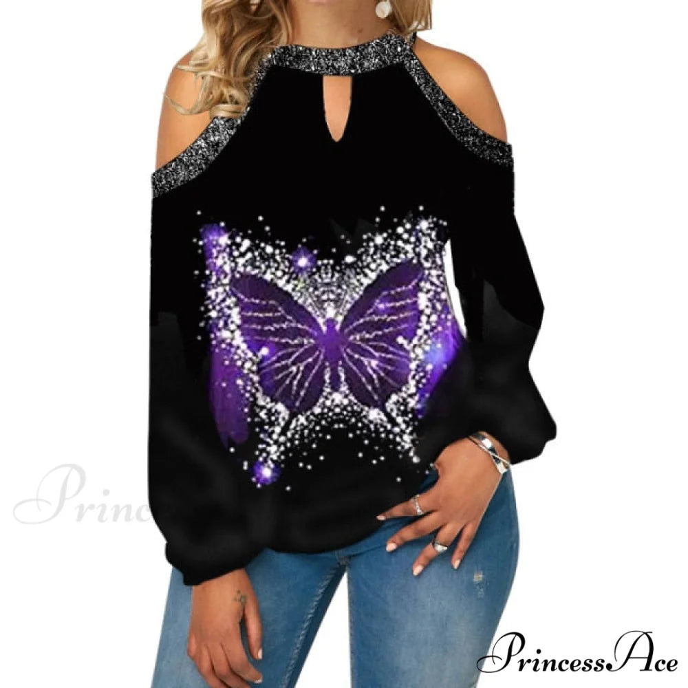Casual Off Shoulder Loose Pullover Top Purple Butterfly / S