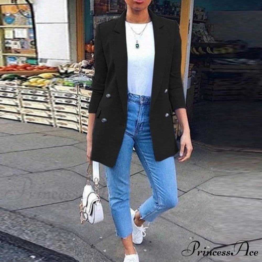 Casual Office Slim Button Notched Blazer Black / S