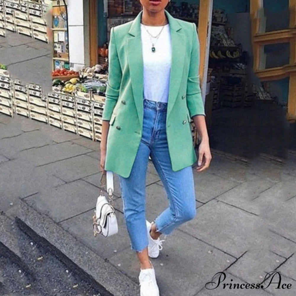 Casual Office Slim Button Notched Blazer Green / S