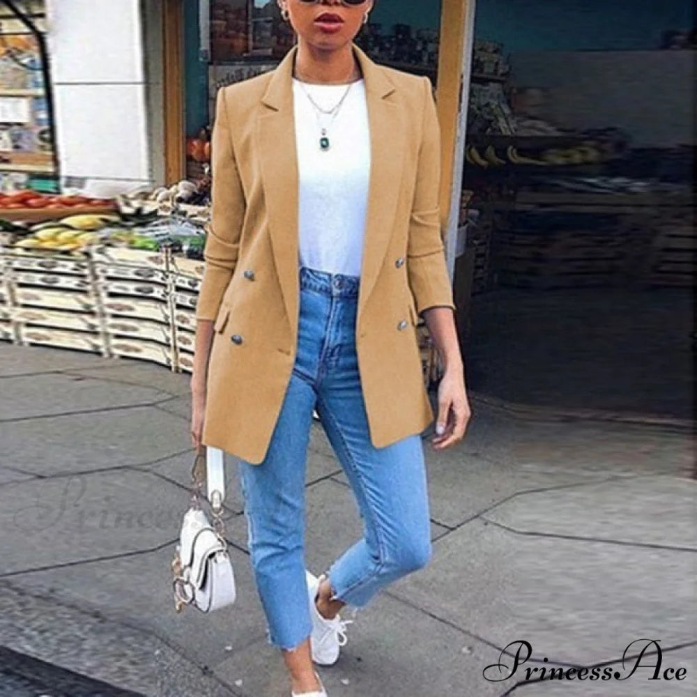 Casual Office Slim Button Notched Blazer Khaki / S