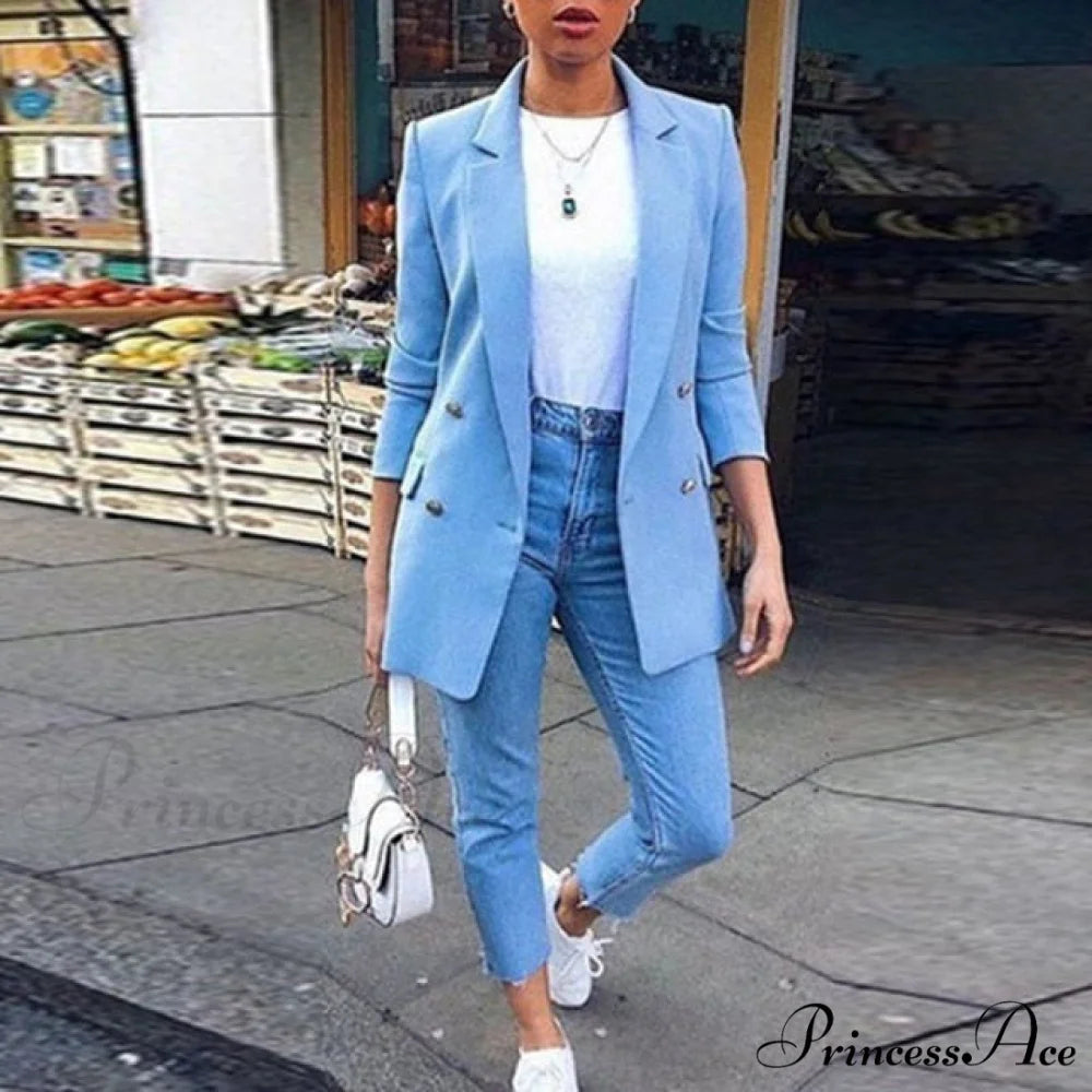 Casual Office Slim Button Notched Blazer Light Blue / S