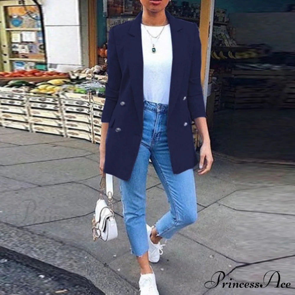 Casual Office Slim Button Notched Blazer Nevy Blue / S