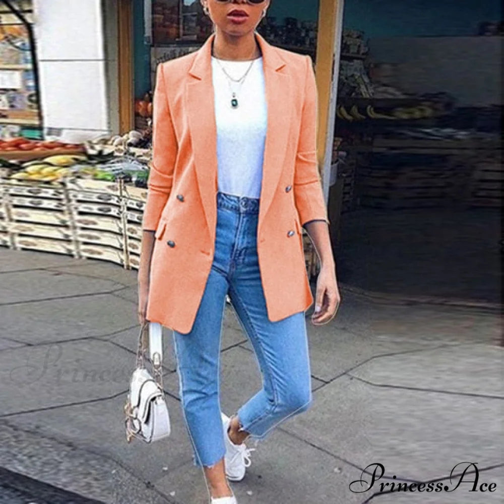 Casual Office Slim Button Notched Blazer Pink / S