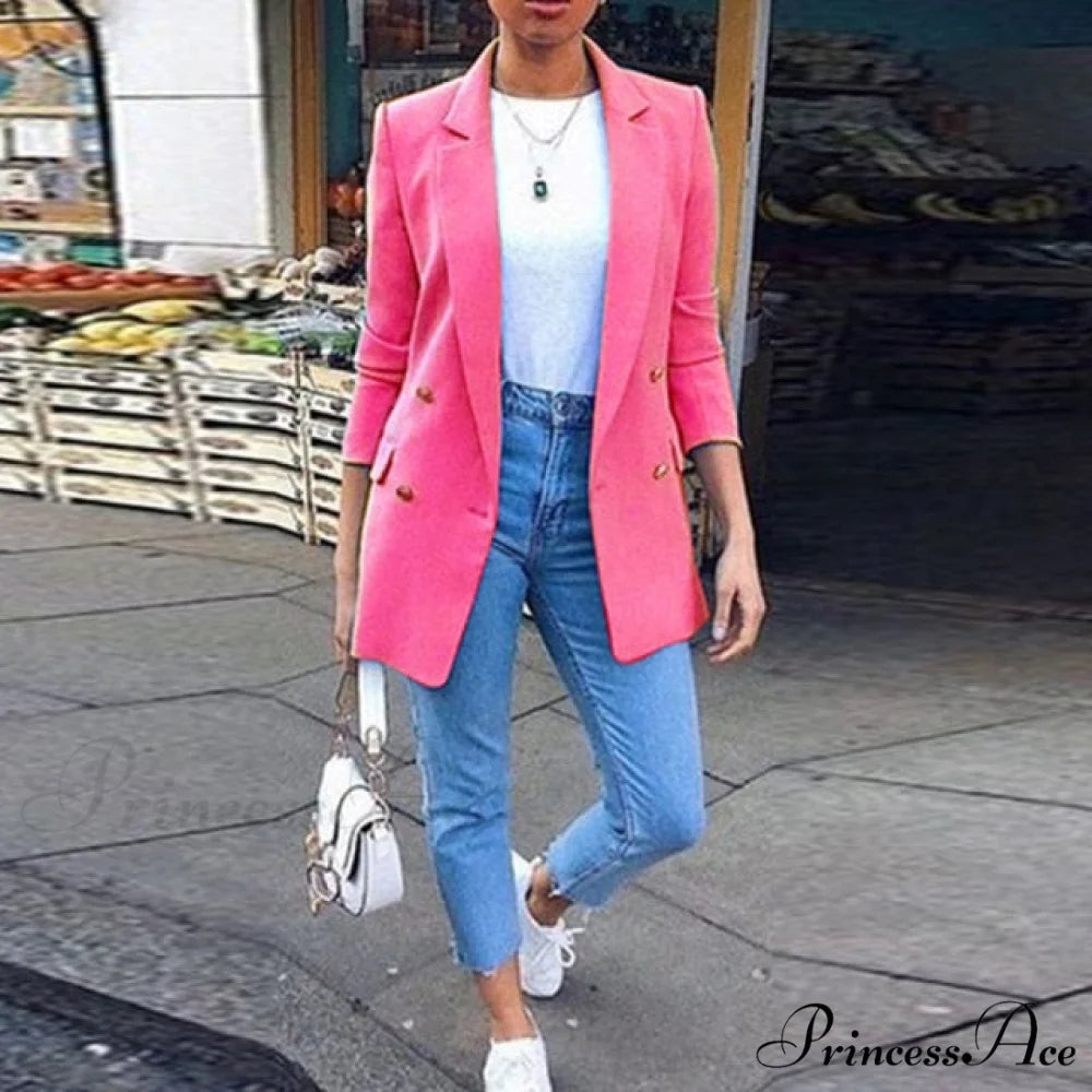 Casual Office Slim Button Notched Blazer Rose Red / S