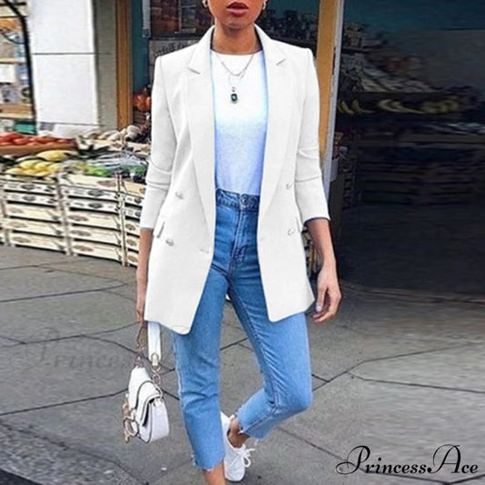 Casual Office Slim Button Notched Blazer White / S
