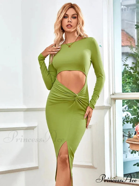 CASUAL OPENWORK LONG SLEEVE KNIT DRESS S / green