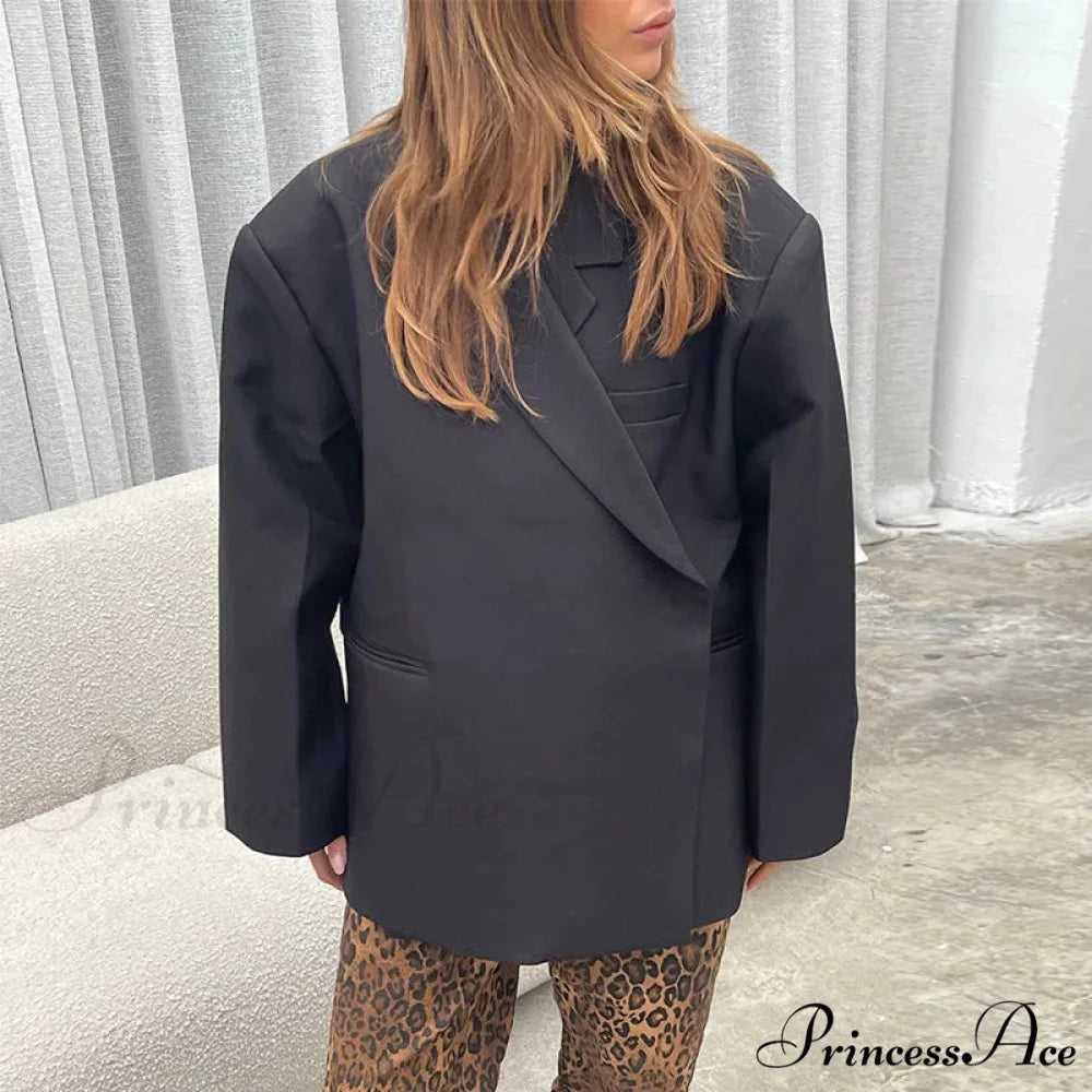 Casual Oversized Luxury One Button Notched Slit Shoulder Pads Blazer Black / S