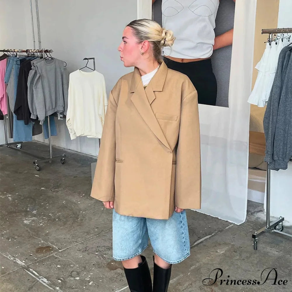 Casual Oversized Luxury One Button Notched Slit Shoulder Pads Blazer Khaki / S