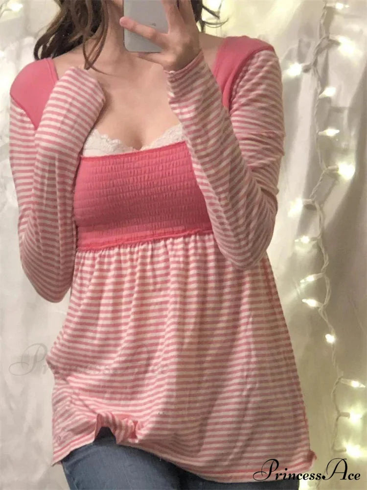 Casual Patchwork Square Neck Retro Striped Print T-shirts PINK / S