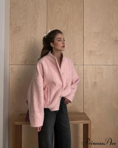Casual Pink Loose Bomber Autumn Chic Single Breasted Stand Collar Long Sleeve Stylish Coat Pink / S