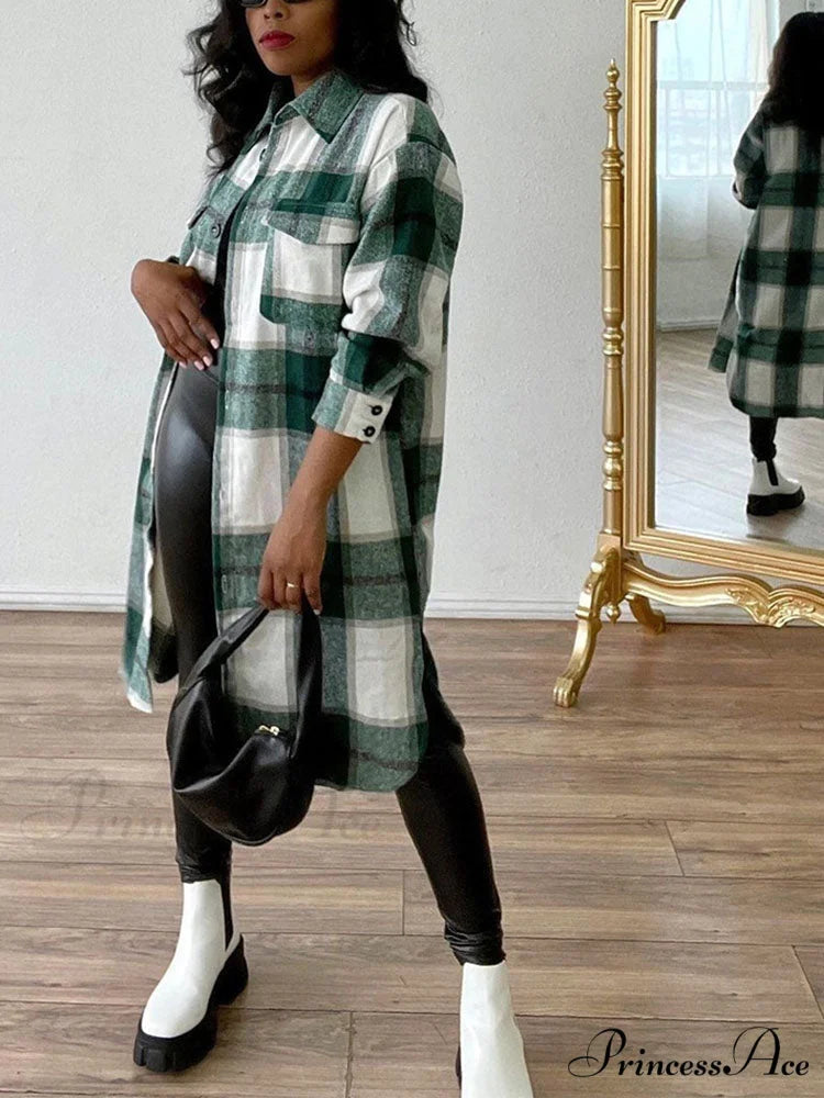 Casual Plaid Graceful Printed Shirt Green / S