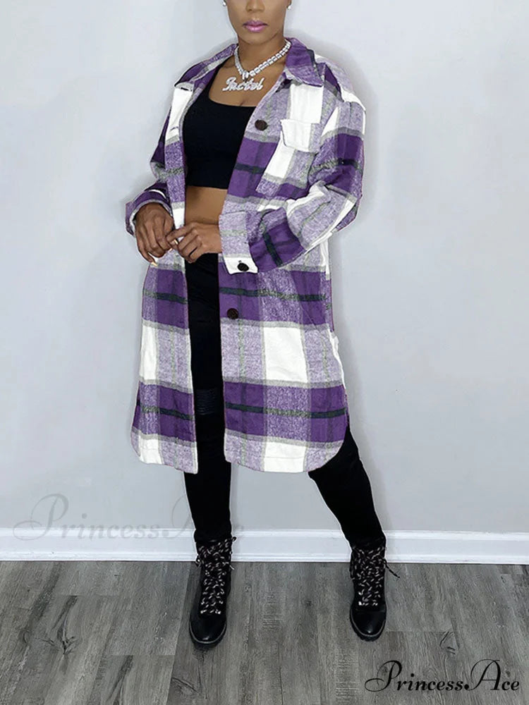 Casual Plaid Graceful Printed Shirt Purple / S