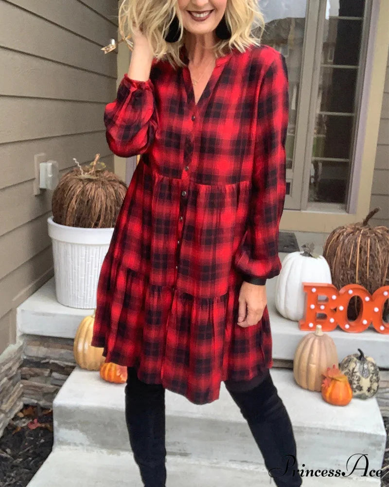 Casual Plaid Shirt Dress Red / S