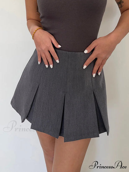 Casual Pleated Graceful Hem Mini Skort Grey / XS