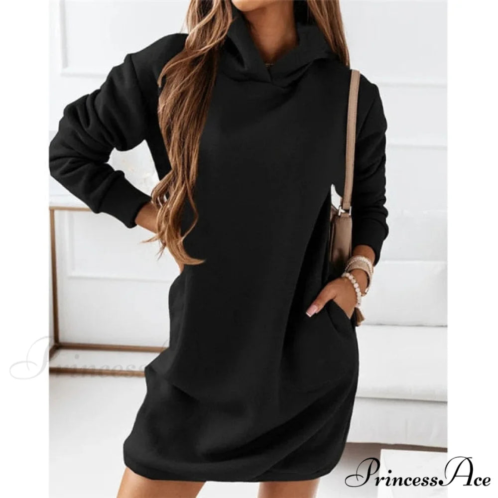 Casual Plus Size Solid Color Hooded Fashion Dresses black / S