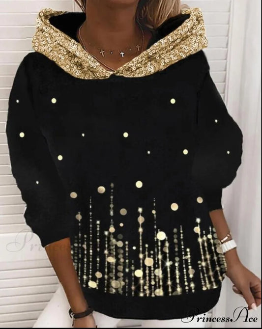 Casual Polka Dot Print Contrast Sequins Print Long Sleeve Hoodie Black 01 / S
