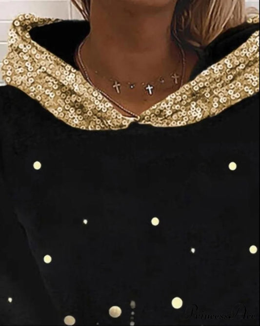Casual Polka Dot Print Contrast Sequins Print Long Sleeve Hoodie Sweatshirts & Hoodies-L