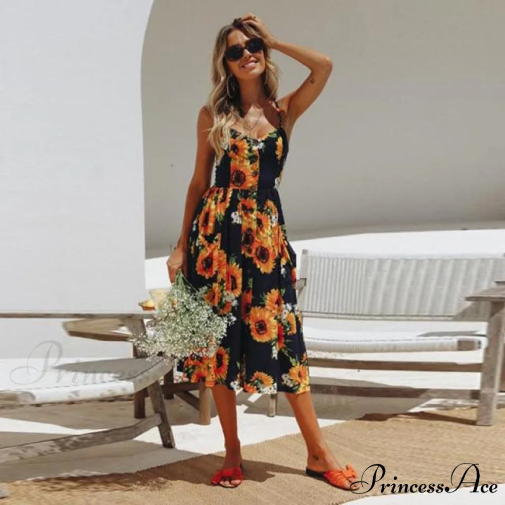 Casual Print Beach Dress sunflower / S