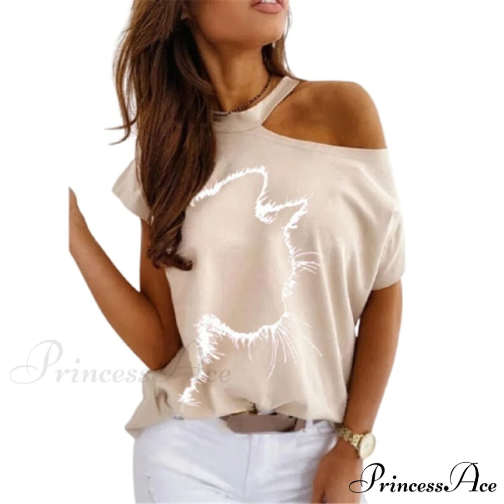 Casual Print Short Sleeve O-neck Tops cat apricot / XXL