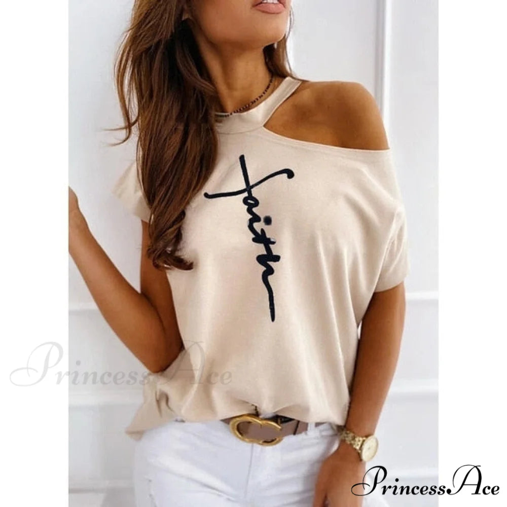 Casual Print Short Sleeve O-neck Tops T239-letter Apricot / XXL