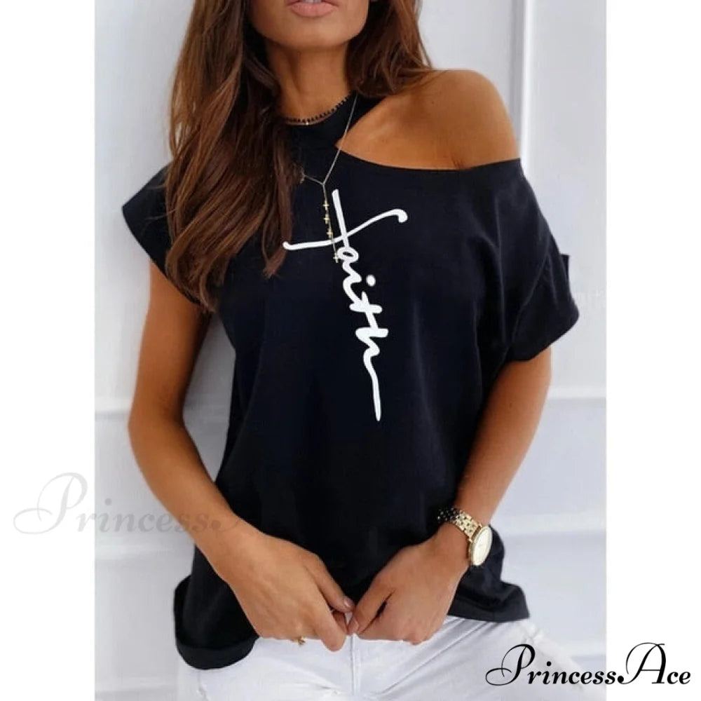 Casual Print Short Sleeve O-neck Tops T239-letter black / XXL
