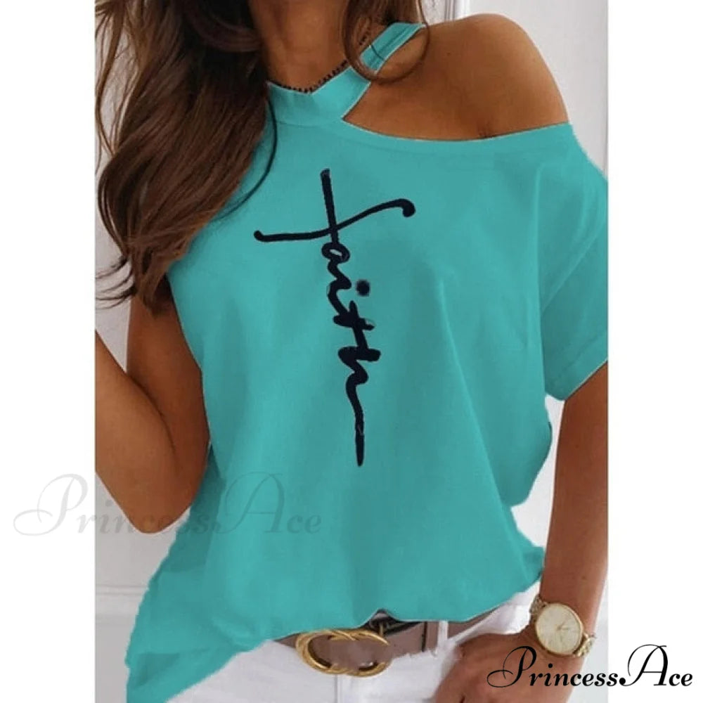 Casual Print Short Sleeve O-neck Tops T239-letter blue / XXL