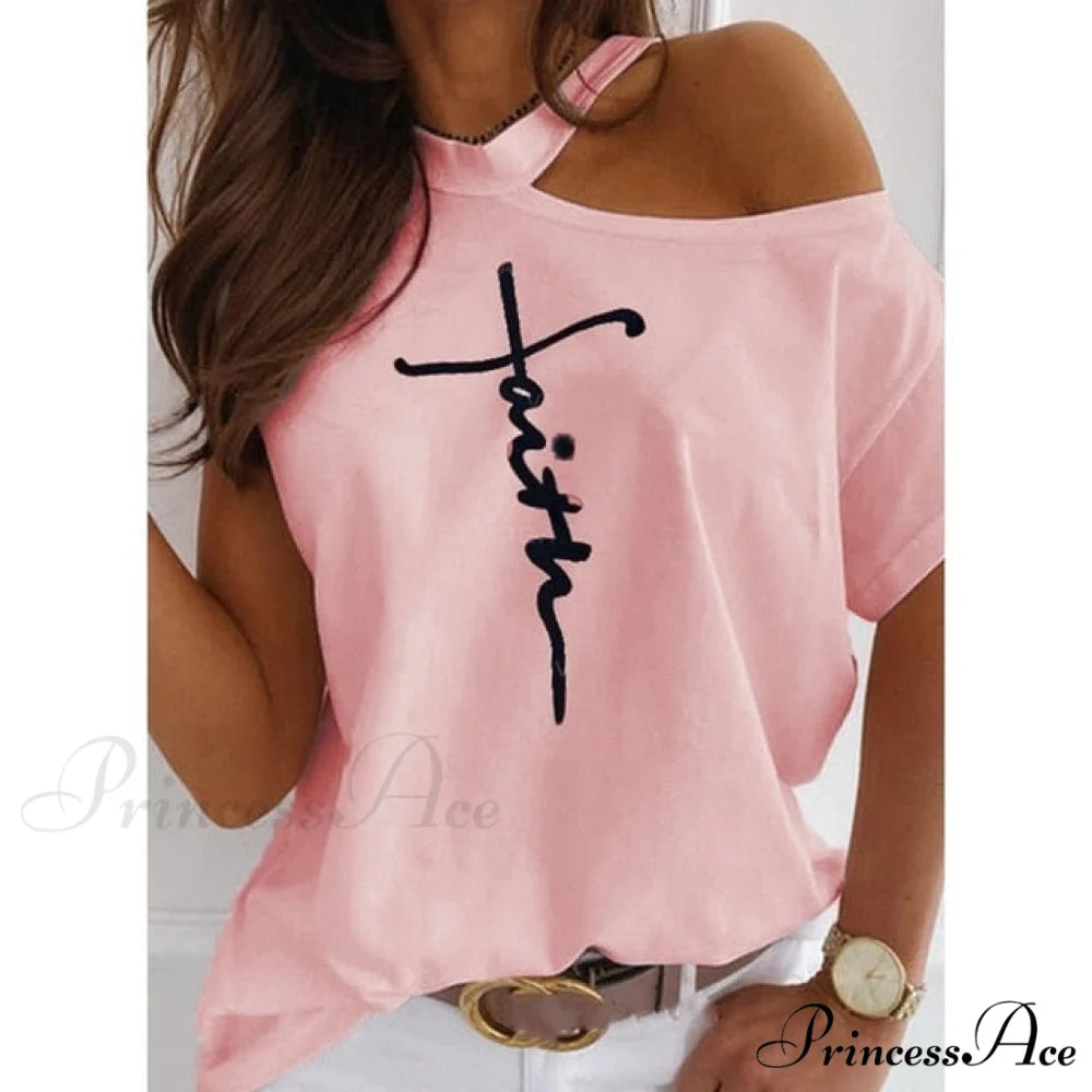 Casual Print Short Sleeve O-neck Tops T239-letter pink / XXL