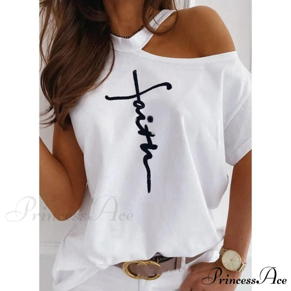 Casual Print Short Sleeve O-neck Tops T239-letter white / XXL