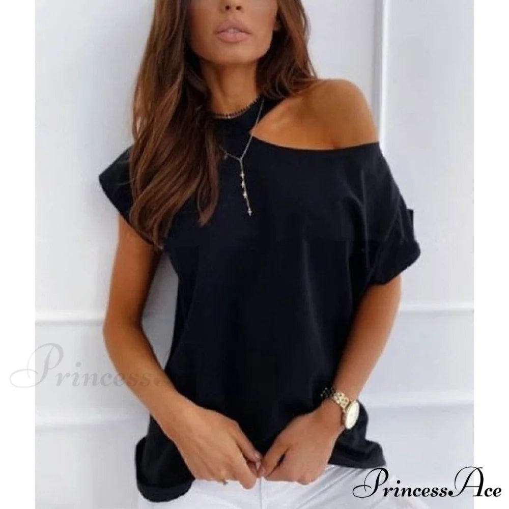Casual Print Short Sleeve O-neck Tops T242-black / XXL