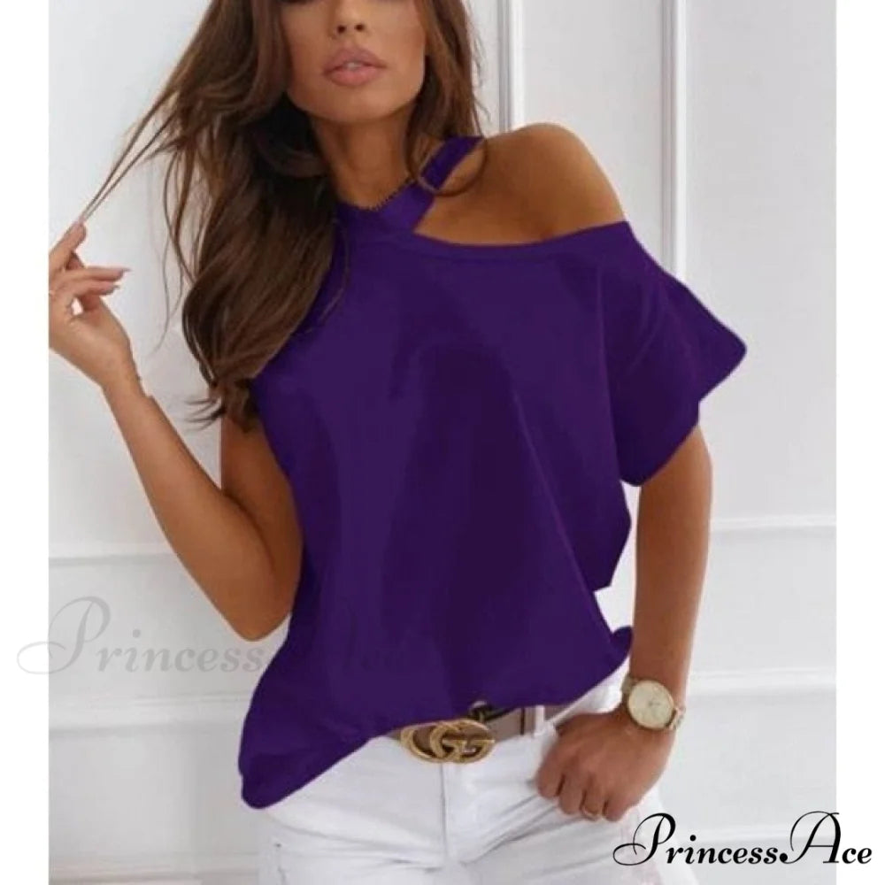 Casual Print Short Sleeve O-neck Tops T242-drak purple / XXL