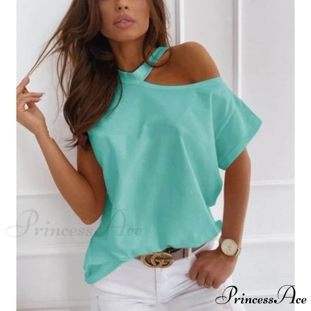 Casual Print Short Sleeve O-neck Tops T242-Light blue / XXL