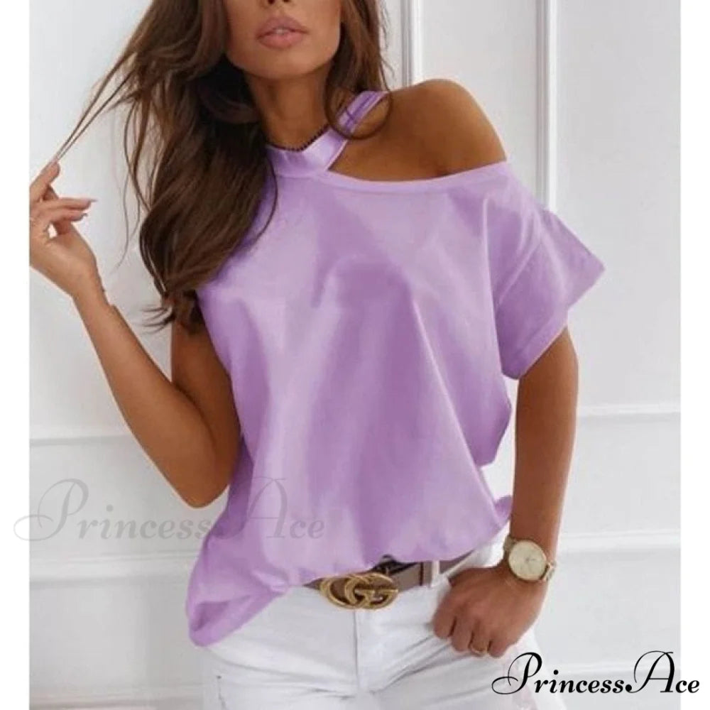 Casual Print Short Sleeve O-neck Tops T242-purple / XXL