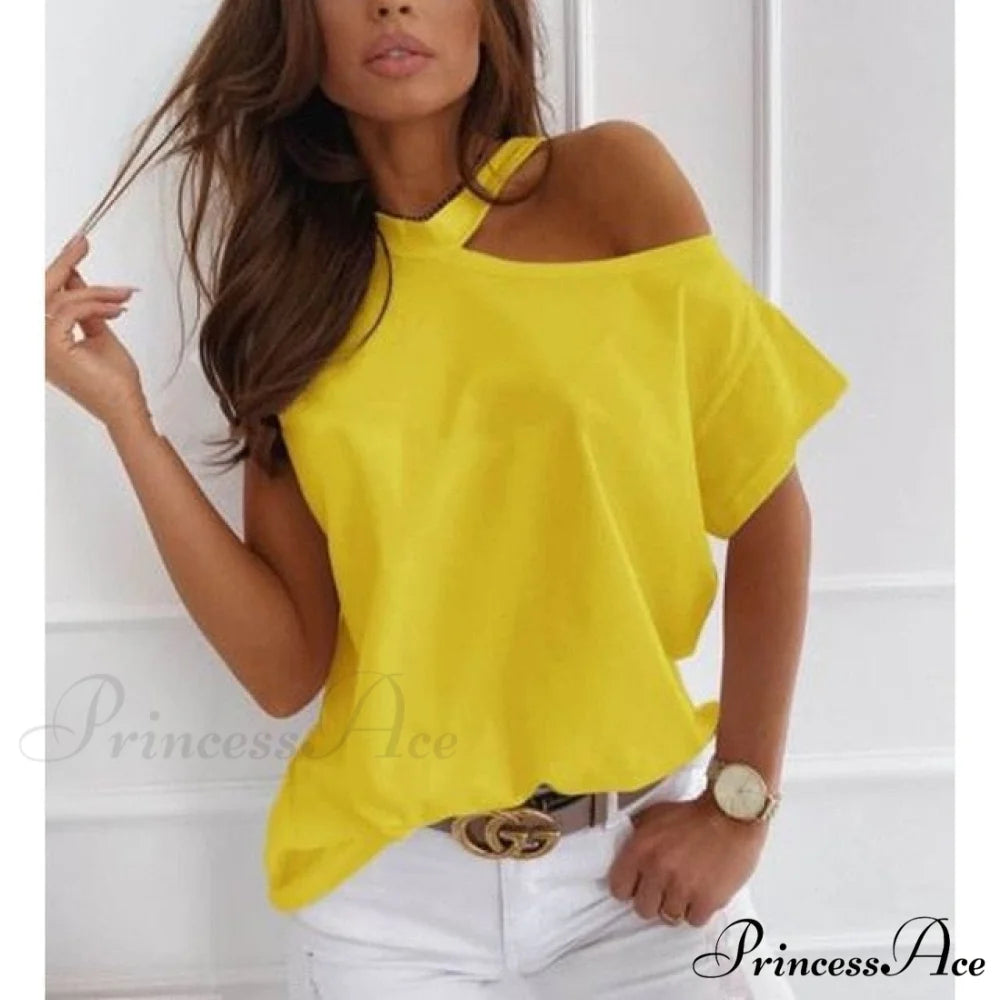 Casual Print Short Sleeve O-neck Tops T242-yellow / XXL