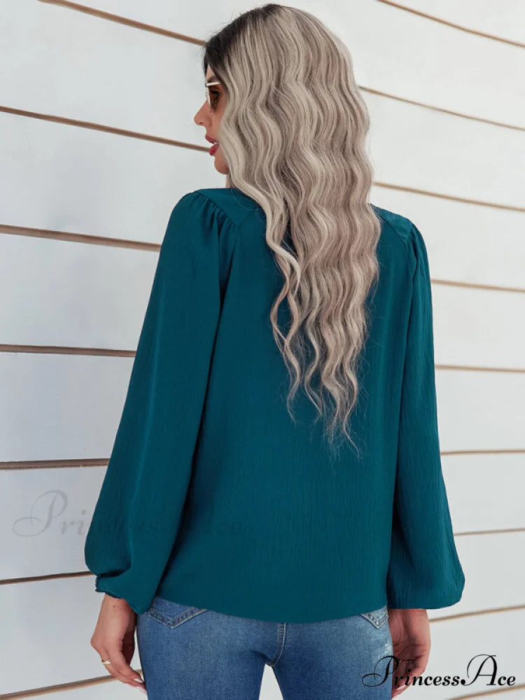 casual pullover long neck color with sleeves loose solid Women’s round shirt