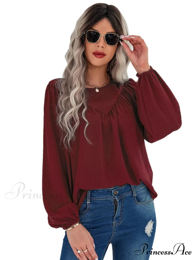 casual pullover long neck color with sleeves loose solid Women’s round shirt