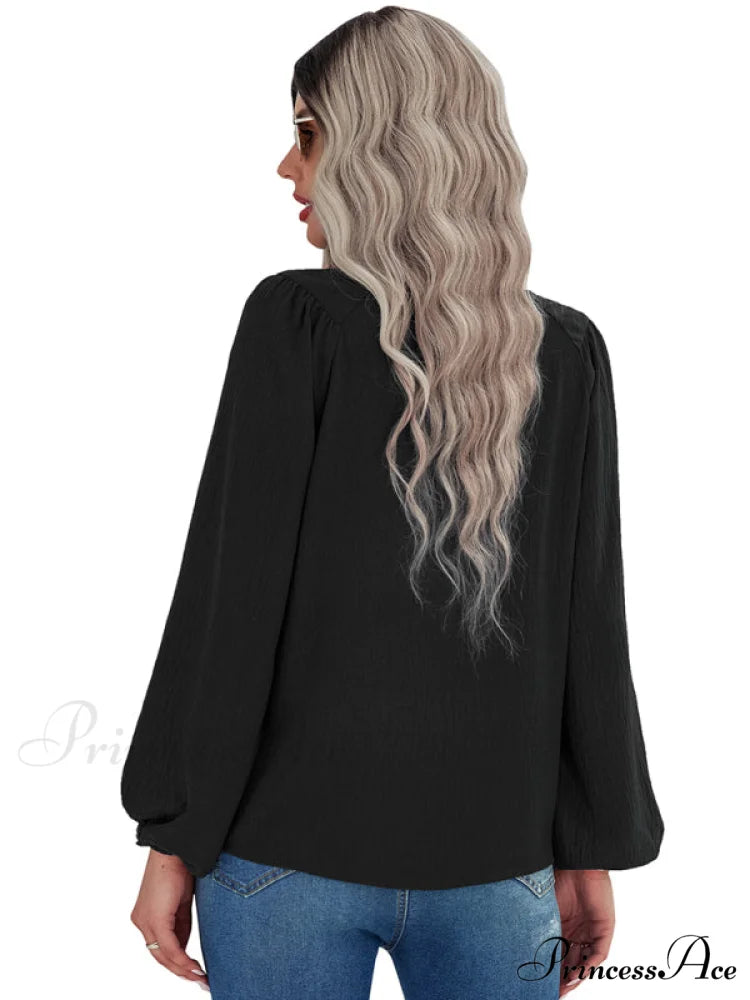 casual pullover long neck color with sleeves loose solid Women’s round shirt