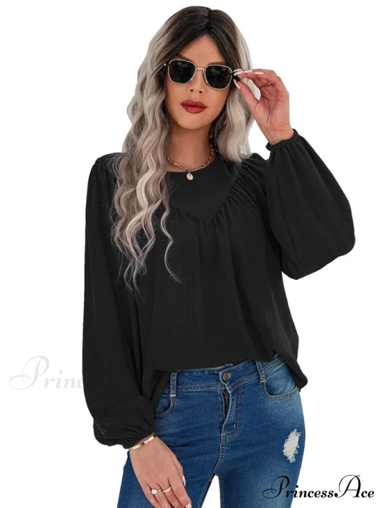 casual pullover long neck color with sleeves loose solid Women’s round shirt