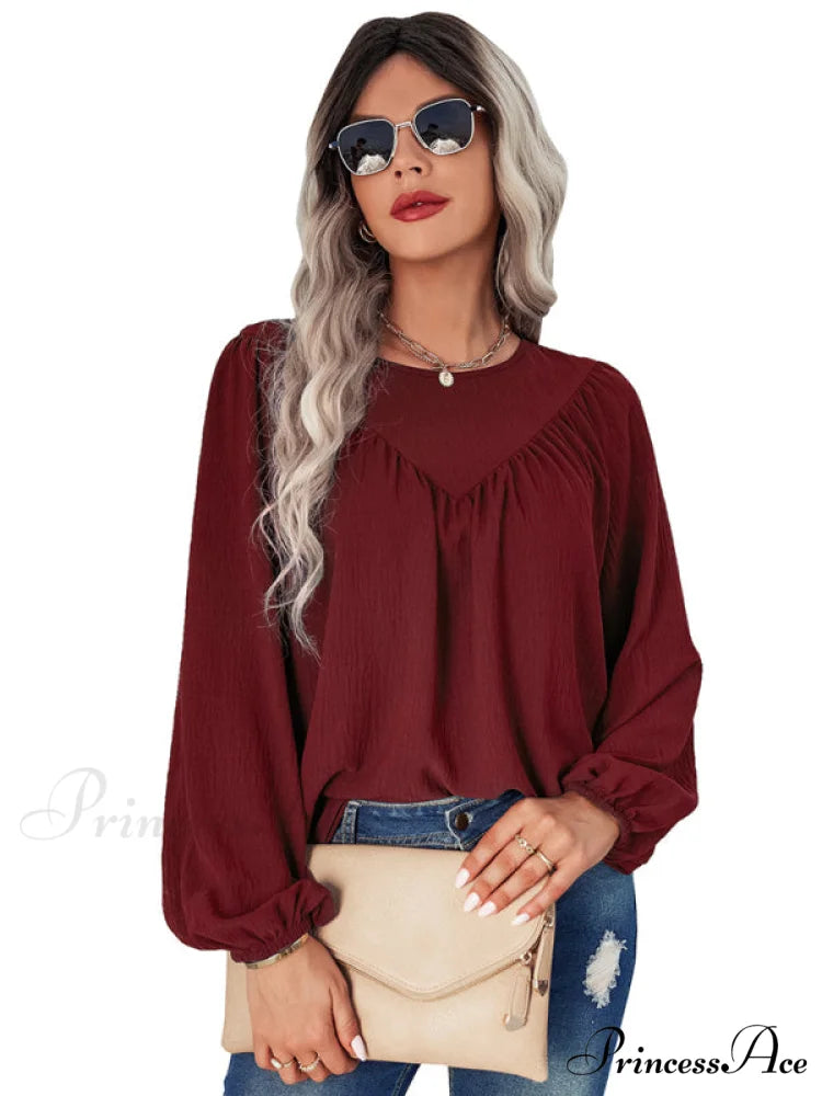 casual pullover long neck color with sleeves loose solid Women’s round shirt