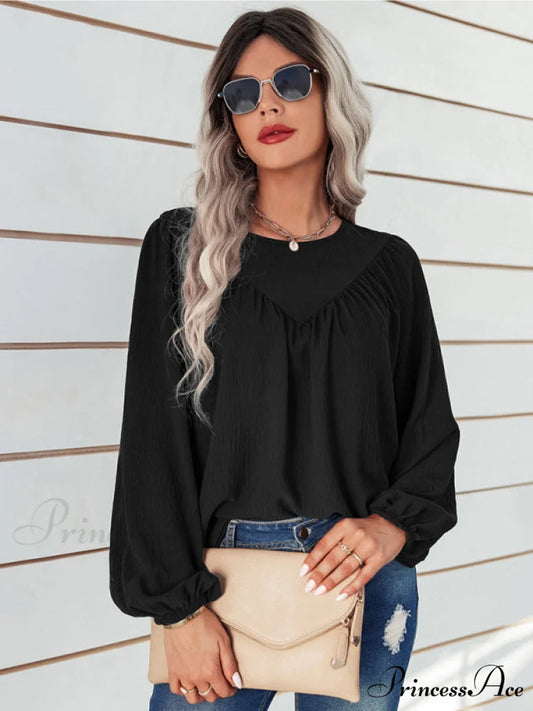 casual pullover long neck color with sleeves loose solid Women’s round shirt Black / S