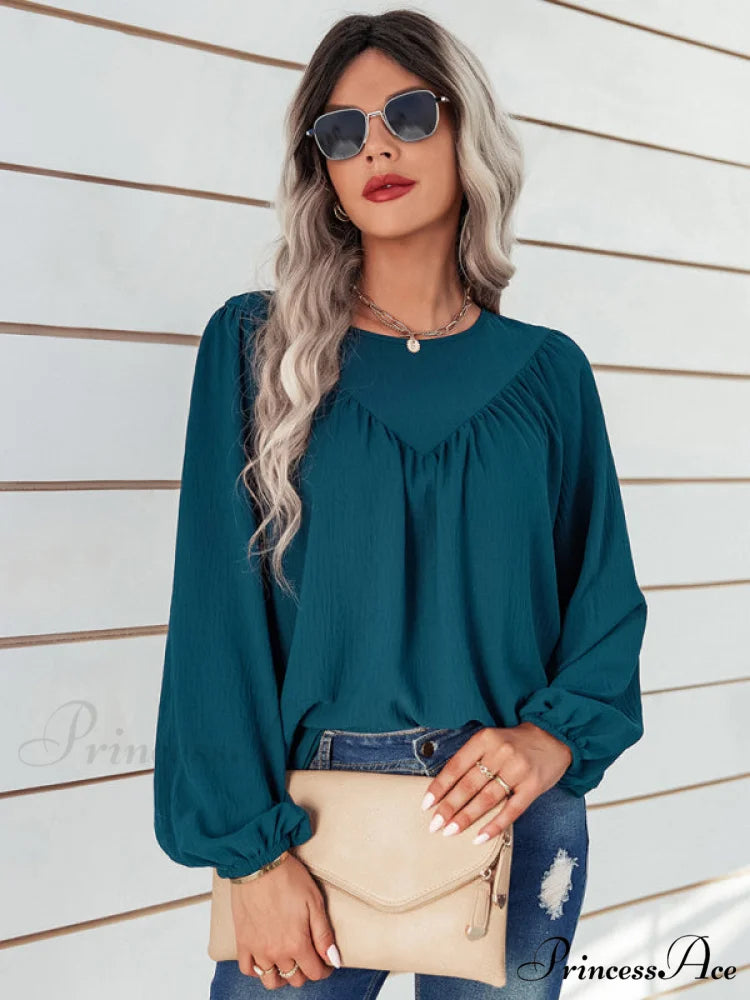 casual pullover long neck color with sleeves loose solid Women’s round shirt Royal blue / S